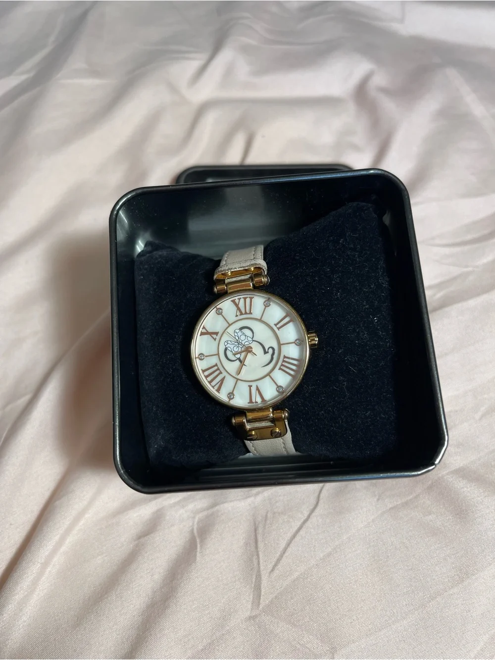 Disney Gold-Tone Watch with White Dial and Beige Strap